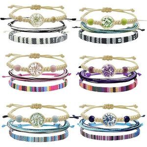 18 Pcs Surfer Beach Bracelets,Handmade Boho Pressed Baby'S Breath Flower